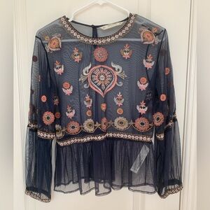 ZARA Basic Embroidered Sheer Mesh Boho Blouse Peplum Top Navy Size L
